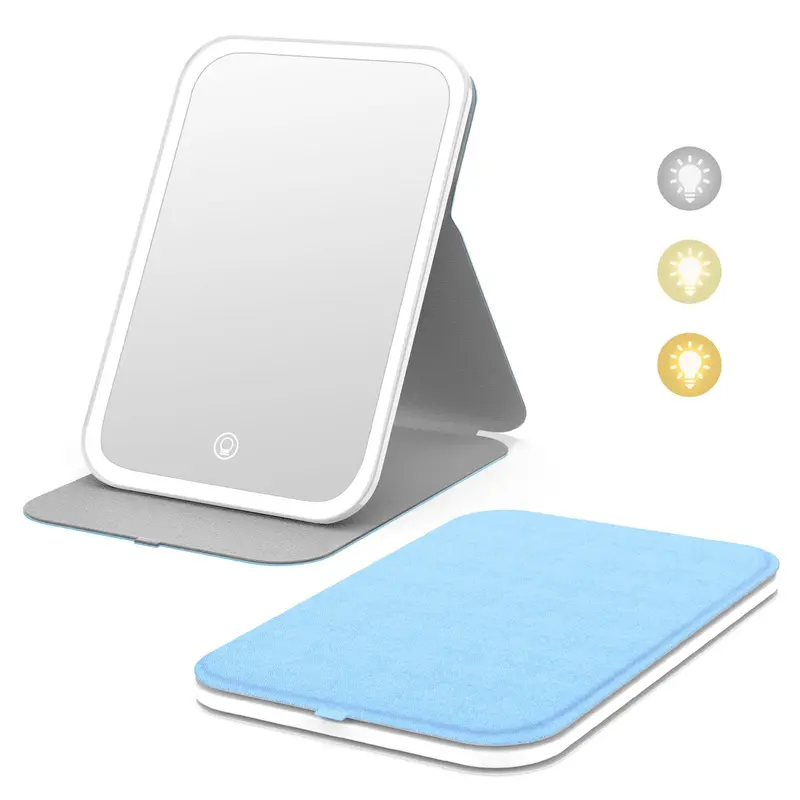 Kintion Miroir Maquillage de Voyage LED – 60 diodes, Rotation 360°, Tactile, 3 Températures, Rechargeable Bleu