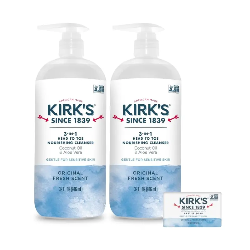 Kirk's 3-en-1 Nettoyant Nourrissant Liquide — Cheveux et Corps, 32 oz (Lot de 2) Non-GMO & Végan