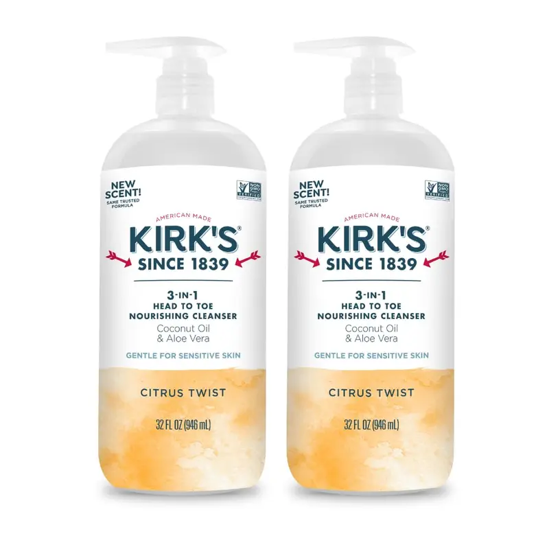 Kirk's 3-en-1 Nettoyant Nourrissant Tête-à-Pied – Coco & Aloe, Sans OGM & Végan – Senteur Agrumes – Lot de 2 x 32 oz