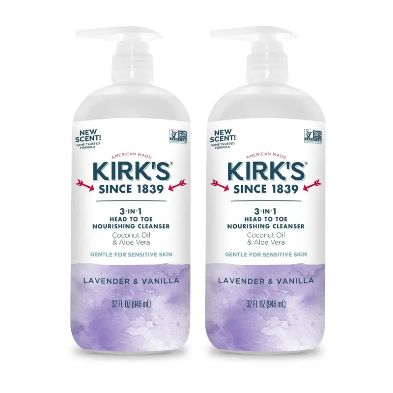 Kirk’s 3-en-1 Nettoyant Nourrissant Tête-à-Pieds – Coco & Aloe – Lavande & Vanille – Sans OGM & Végan – 2×946 ml