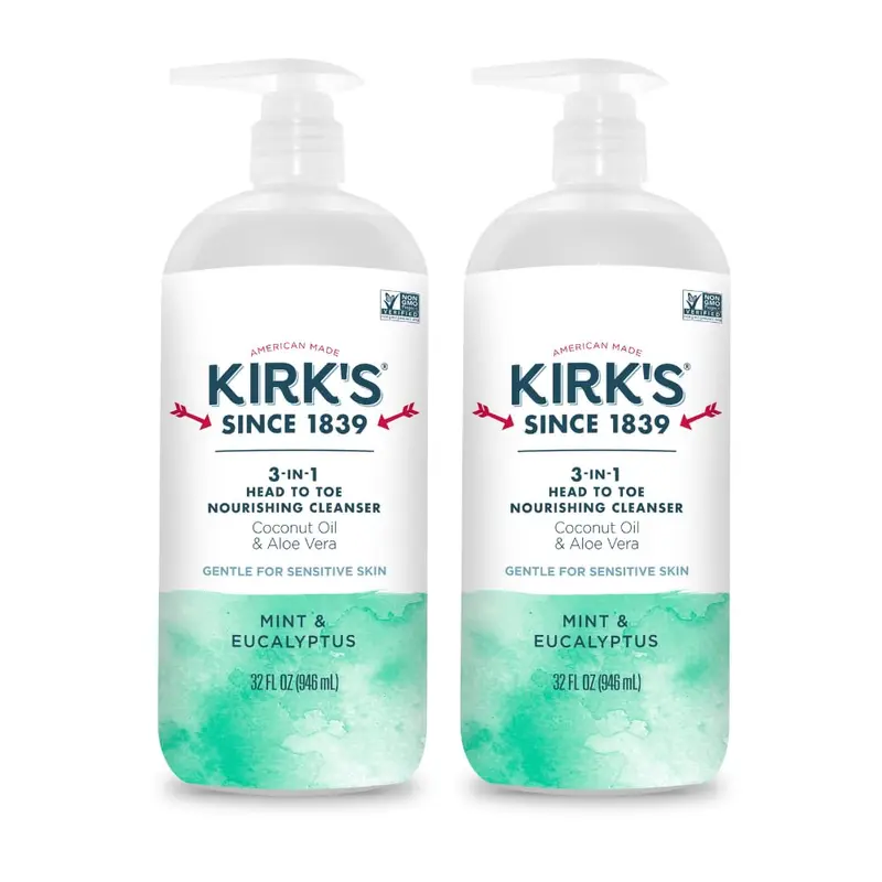 Kirk's 3-en-1 Nettoyant Nourrissant Tête‑à‑Pieds – Menthe et Eucalyptus – Coco et Aloe – Végan & Non‑OGM – 960 ml × 2