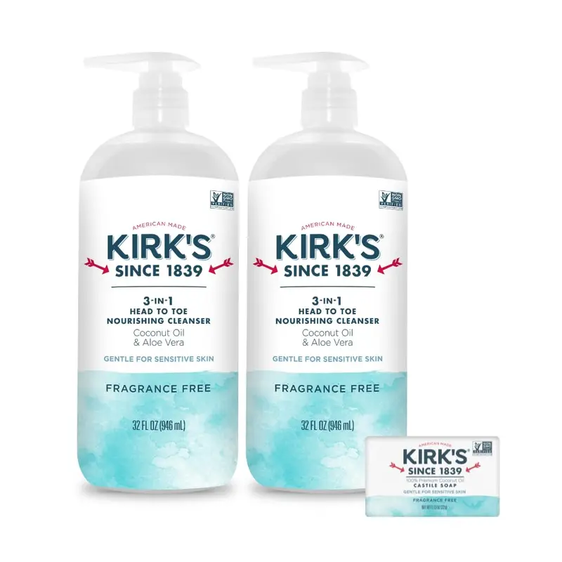 Kirk's 3-en-1 Nettoyant Nourrissant Tête-à-Pieds - Sans parfum - Végan et Sans OGM - Lot de 2 flacons 946 ml
