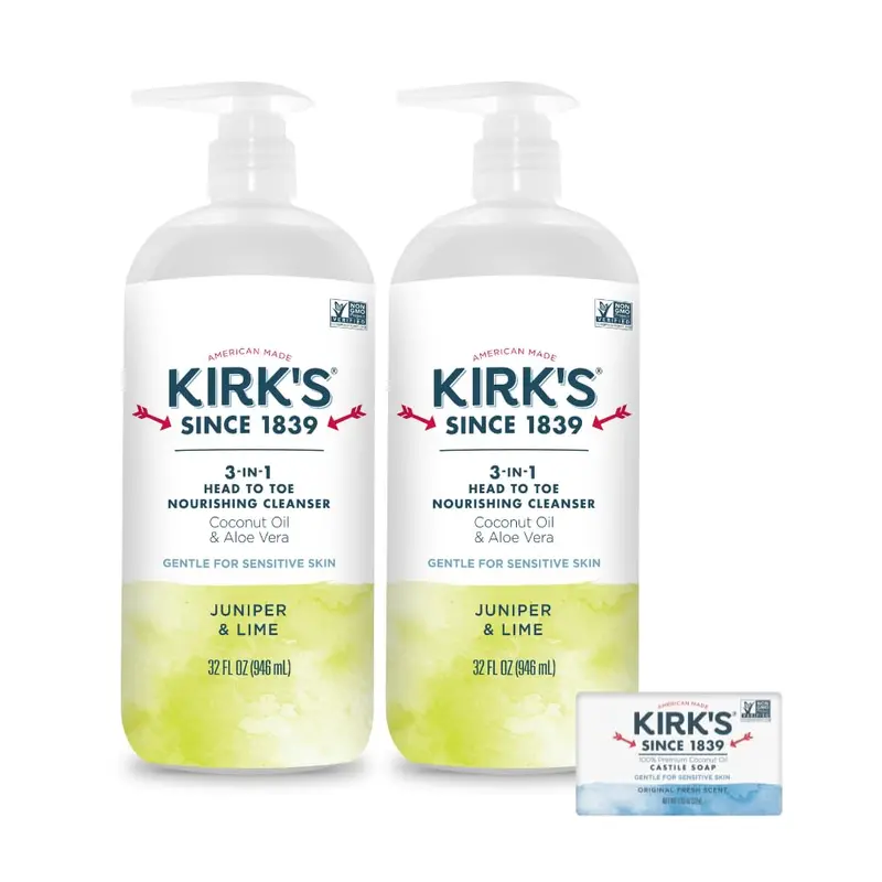 Kirk's 3-en-1 Nettoyant Tête-à-Pieds Hydratant - Pack 2 x 32 oz - Coco & Aloe - Juniper & Lime - Sans OGM & Végan