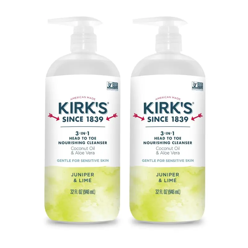 Kirk's 3-en-1 Nettoyant Tête et Corps – Coco & Aloe Vera, Juniper & Lime – 32 oz x 2 – Non GMO & Végan