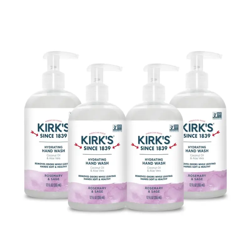 Kirk’s Hydrating Hand Wash – Savon mains hydratant au coco et aloé, neutralisant d’odeurs, Vegan, Non-GMO | Pack 4 x 12 oz