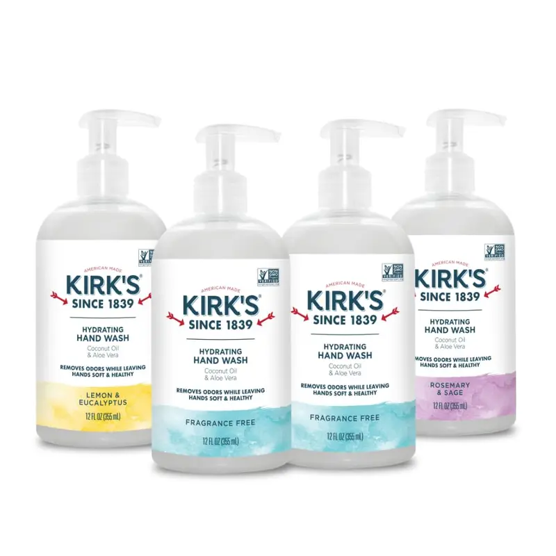 Kirk's Lavage Mains Hydratant au Coco et Aloe – Neutralisation d’Odeurs – Vegan & Non-GMO – Pack 4x12 oz
