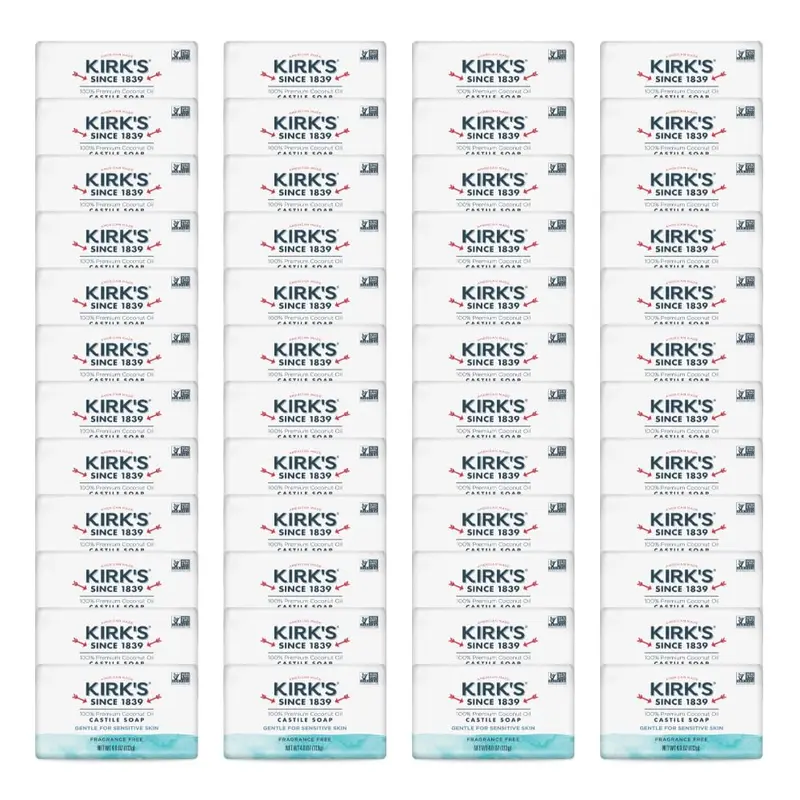 Kirk's Savon Castile pour Peau Sensible – Sans parfum, Végan, Sans OGM, 48 barres 4 oz