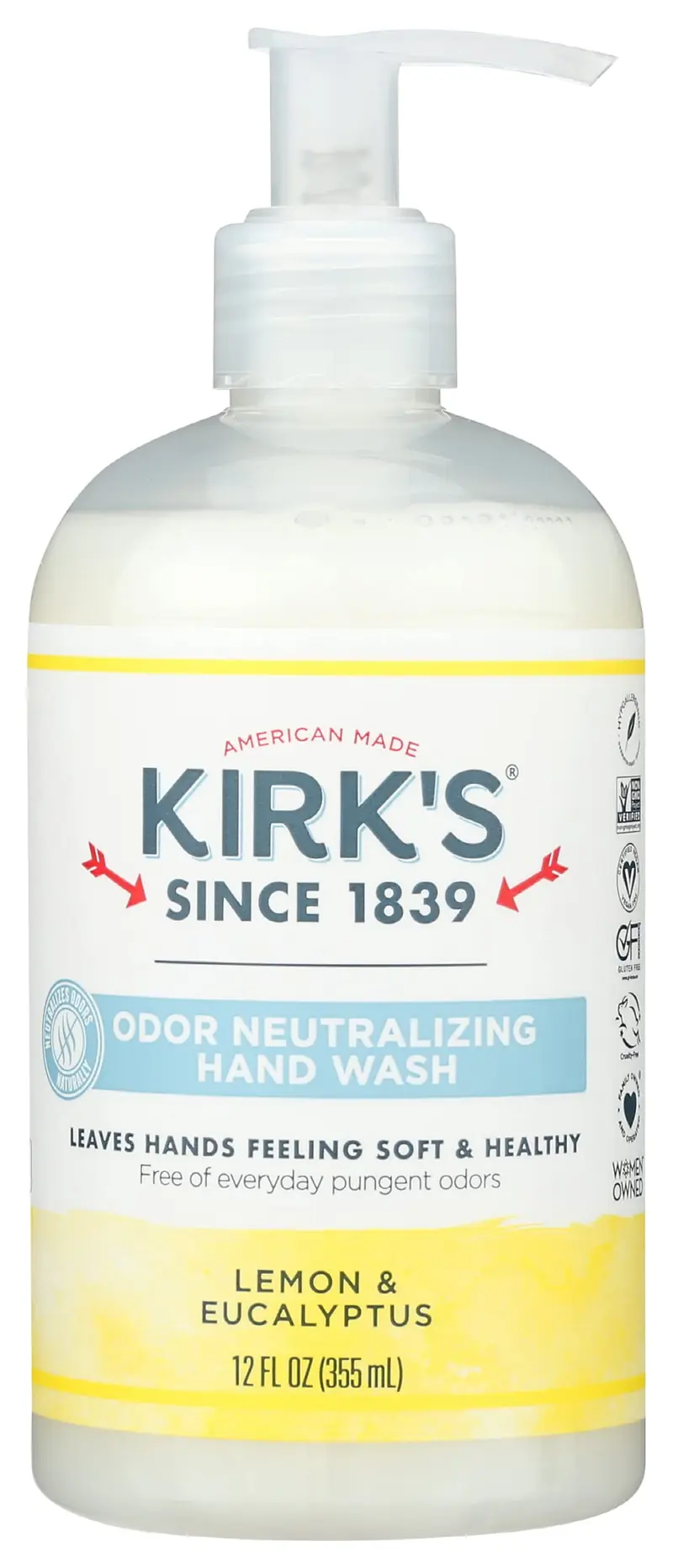 Kirk's Savon Liquide pour les Mains Citron Éucalyptus – Neutralisant d'Odeurs, Formule Naturelle, Sans SLS, Sans Parabènes, Non OGM, 355 ml