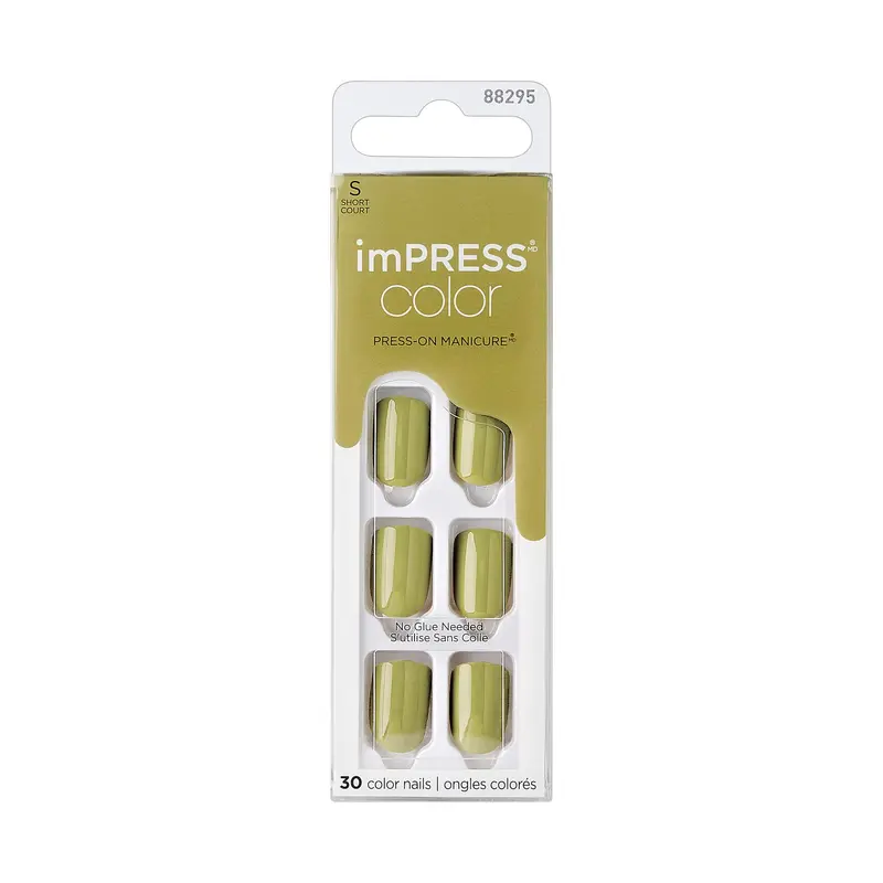 KISS imPRESS Color Sans Colle Mani – 30 Ongles Olive Verte à Poser, Courts, Forme Squoval