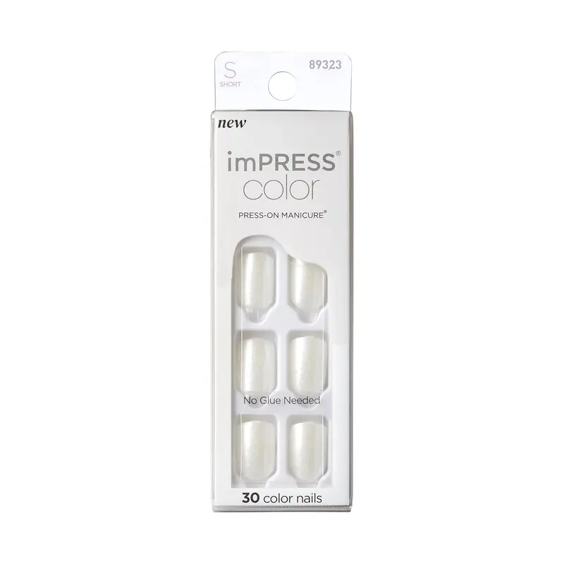 KISS imPRESS Color Sans Colle Mani – 30 Ongles Press-On, Blanc Clair, Taille Courte, Forme Squoval