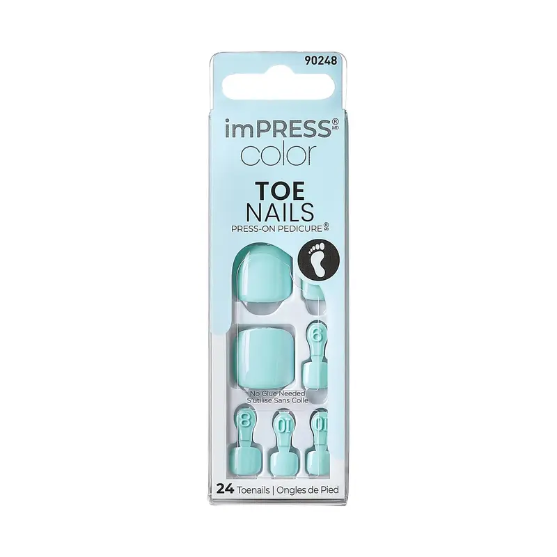 KISS imPRESS Color Toenails – 24 Ongles Colorés, Pose Sans Colle et Facile, Finition Brillante, Outils Inclus