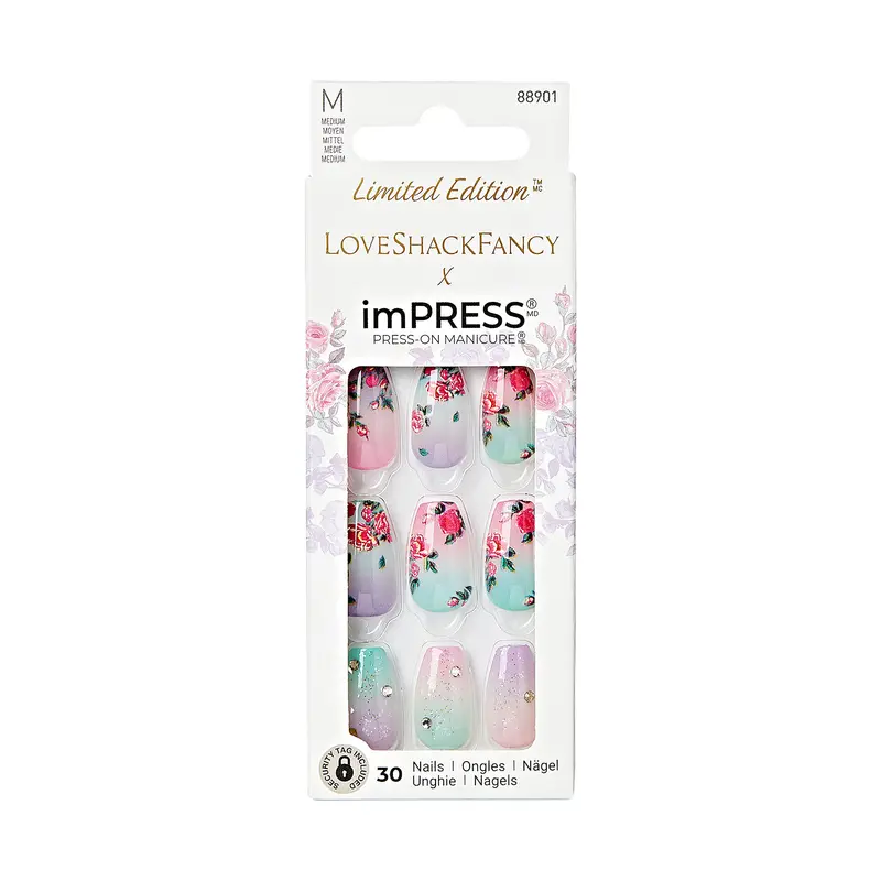 KISS imPRESS x LoveShackFancy – Manucure press-on limitée Lilac Crush, Style en forme cercueil moyen violet
