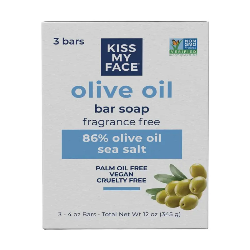 Kiss My Face Savon en barre à l'huile d'olive sans parfum – hydratant, vegan et sans cruauté, sans huile de palme, pack de 3 barres (4 oz chacune)
