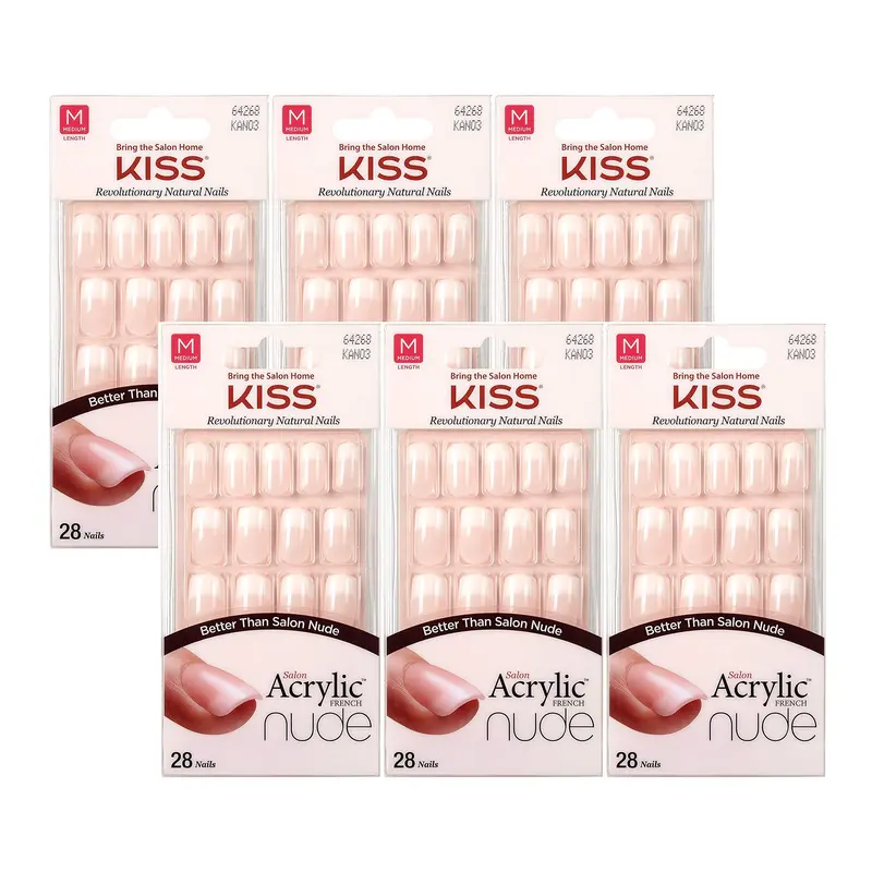 KISS Salon Ongles Acryliques Nude – 28 Pièces, Longueur Moyenne, Forme Plate – Lot de 6