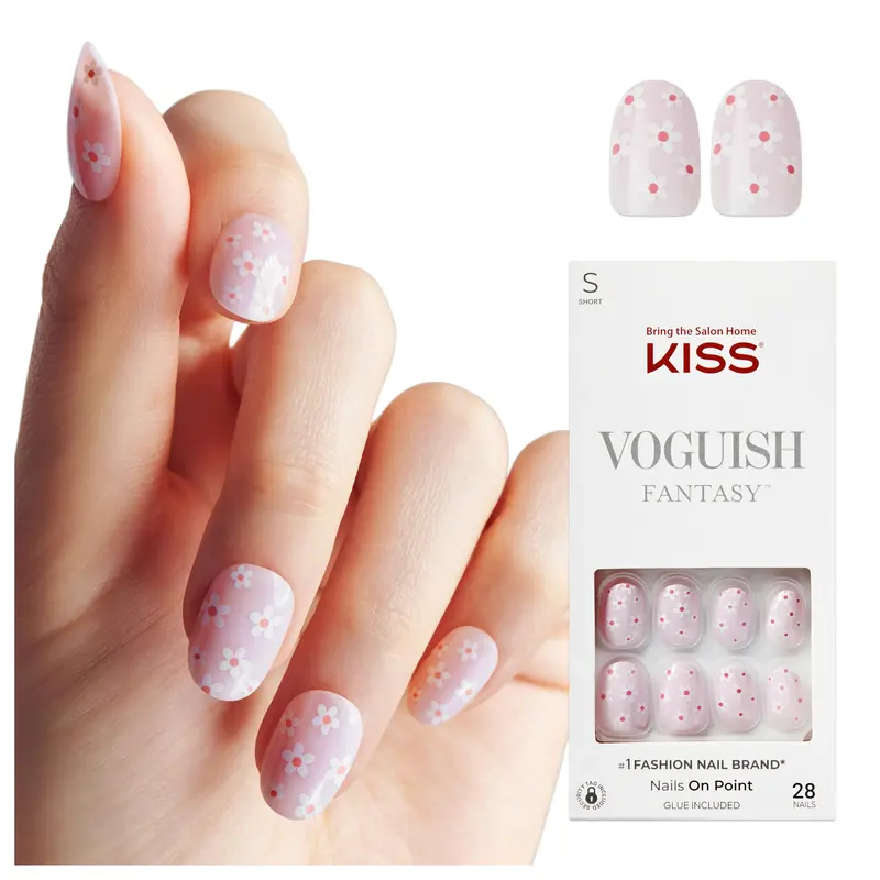 KISS Voguish Fantasy – Ongles artificiels adhésifs Rose Court Luminary, Gel étanche, Kit 28 pièces