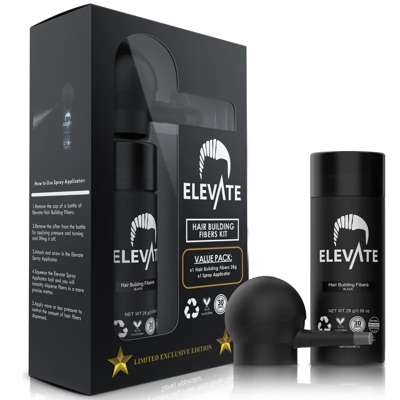 Kit 2-en-1 ÉLEVATE pour cheveux – Fibres capillaires naturelles et pulvérisateur d’application (Noir)