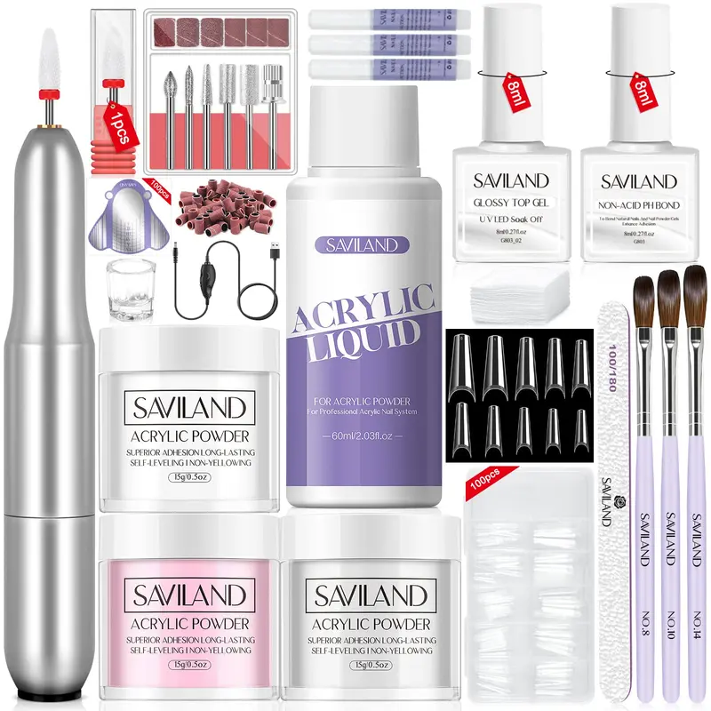 Kit Acrylique SAVILAND avec Perceuse – Poudre blanche, transparente et rose + Liquide 60 ml + Outils Manucure