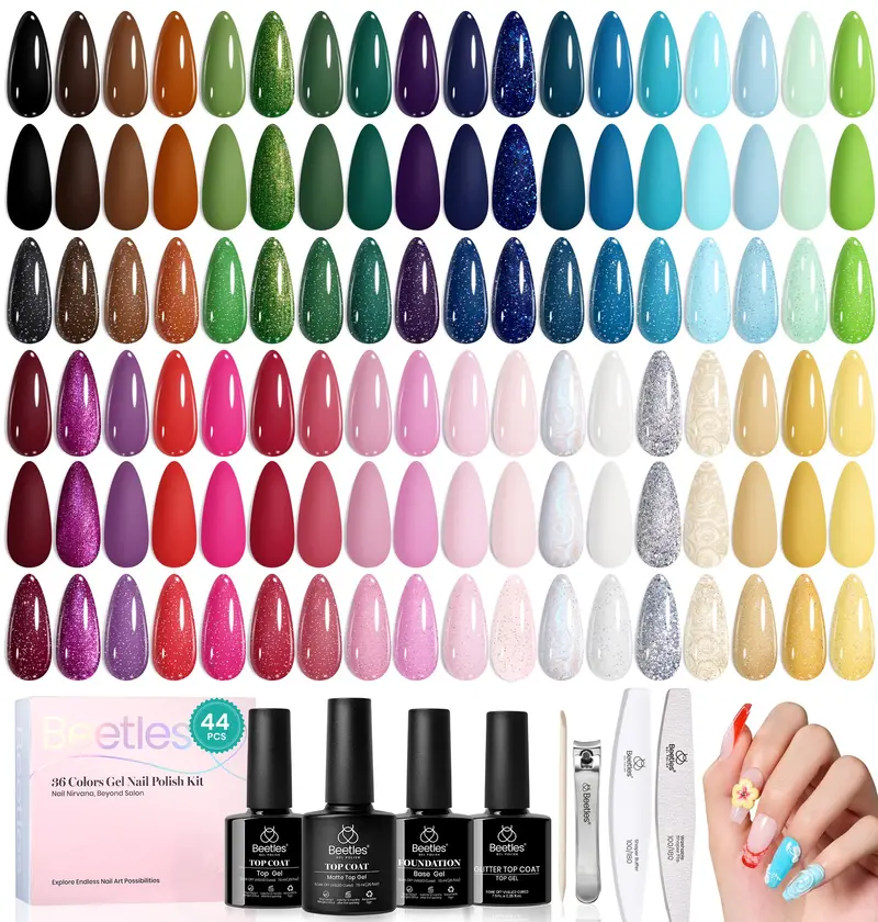 Kit Beetles Gel Polish – 44 pièces pour ongles, Collection Contes Fantaisie, Base et 3 couches de finition (Nacré, Mat et Brillant) – Manucure UV DIY
