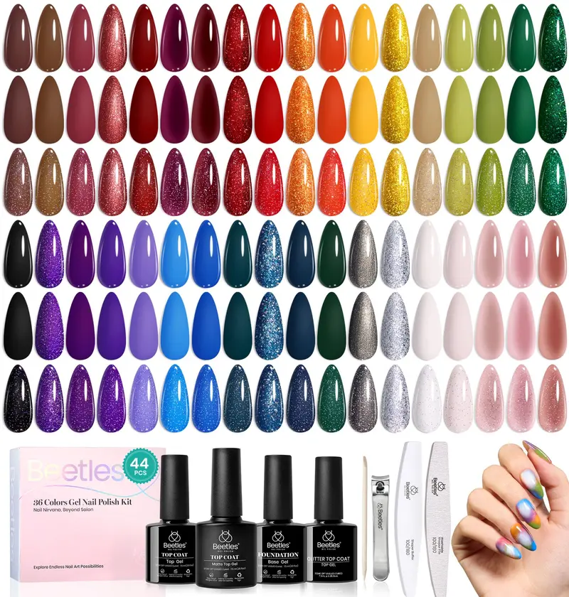 Kit Beetles Gel Polish Mystic Wonderland – 36 couleurs, base, finitions brillantes et mates, top pailleté UV/LED