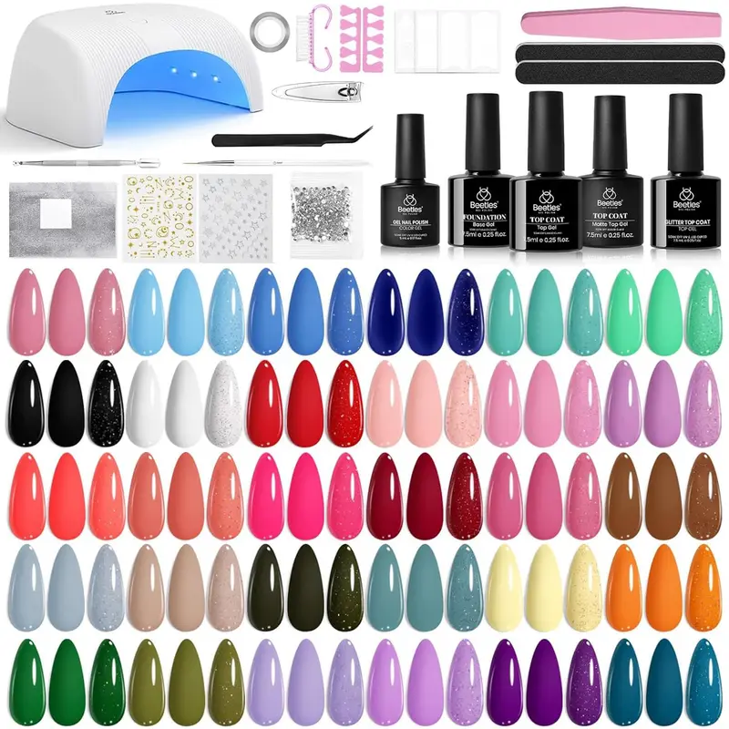 Kit Beetles Gel Vernis avec Lampe UV – 32 couleurs, 54 pièces, Base et Couche Finale Brillante