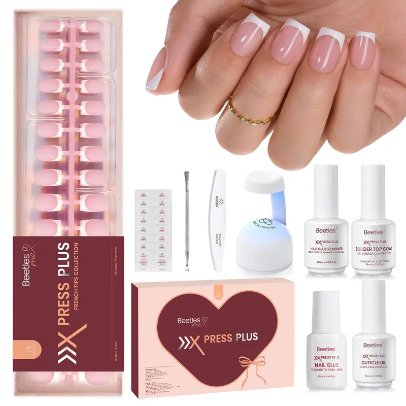Kit Beetles X Press Plus Gel pour Ongles – Manucure Française à Poser, Ongles Courts Carrés, 15 Tailles, 150 Pièces, Tout-en-Un