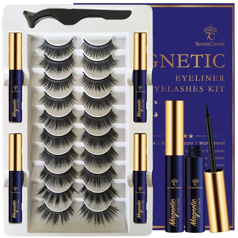Kit Cils Magnétiques 3D avec Eyeliner — 7C SEVENCROWN, Waterproof et Longue Tenue, 10 Paires Réutilisables