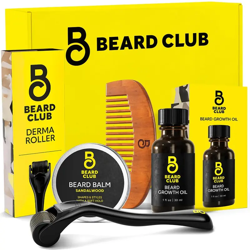 Kit Croissance de Barbe The Beard Club – Derma Roller, Huile Barbe, Baume Santal, Peigne – Coffret Cadeau