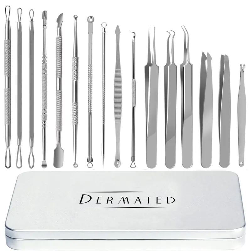 Kit de 16 outils extracteurs de points noirs en acier inox 410 | DERMATED – Trousse professionnelle