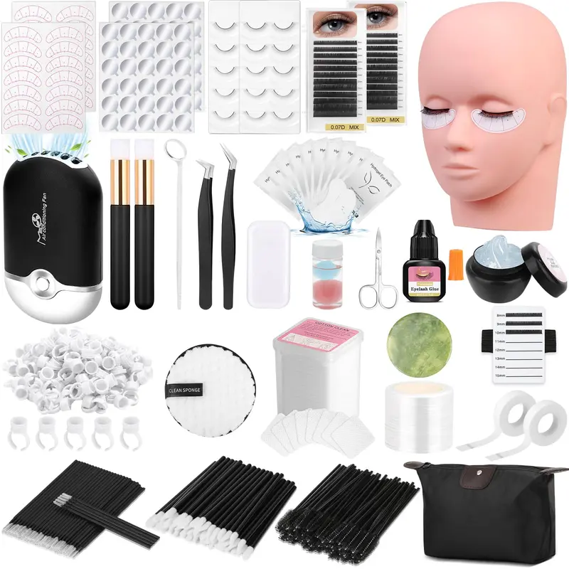 Kit de démarrage Qinzave pour extensions de cils — Tête mannequin et ventilateur USB
