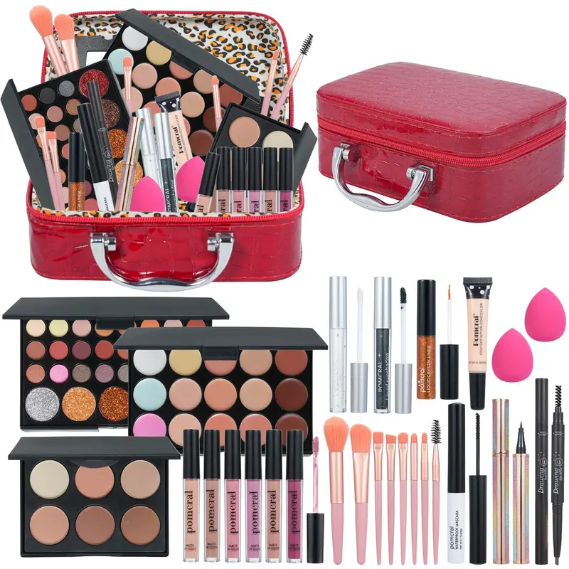 Kit de Maquillage Pomcral – Ensemble Complet Pour Femmes, Débutants, Cadeau (Rouge)