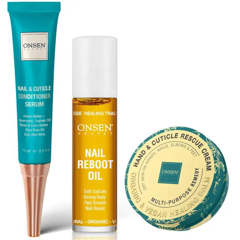 Kit de secours Onsen Secret pour ongles et cuticules | Sérum-conditionneur, Huile réparatrice & Baume cuticules – Tsubaki, Beurre de karité, Jojoba