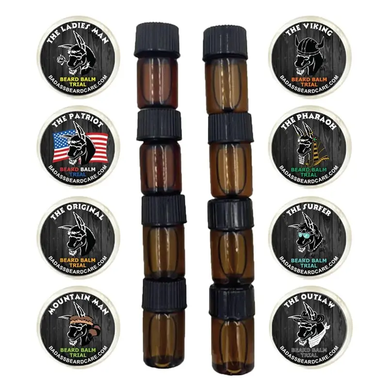 Kit d’essai Badass Beard Care pour hommes – 8 échantillons, baume et huile pour barbe