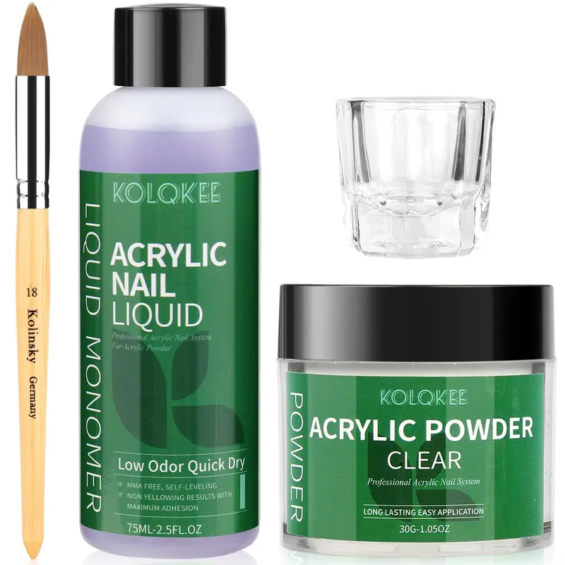 Kit d’Ongles Acryliques Kolqkee pour Ongles à D domicile — Poudre et Liquide, Pinceau Kolinsky, Sans Lampe