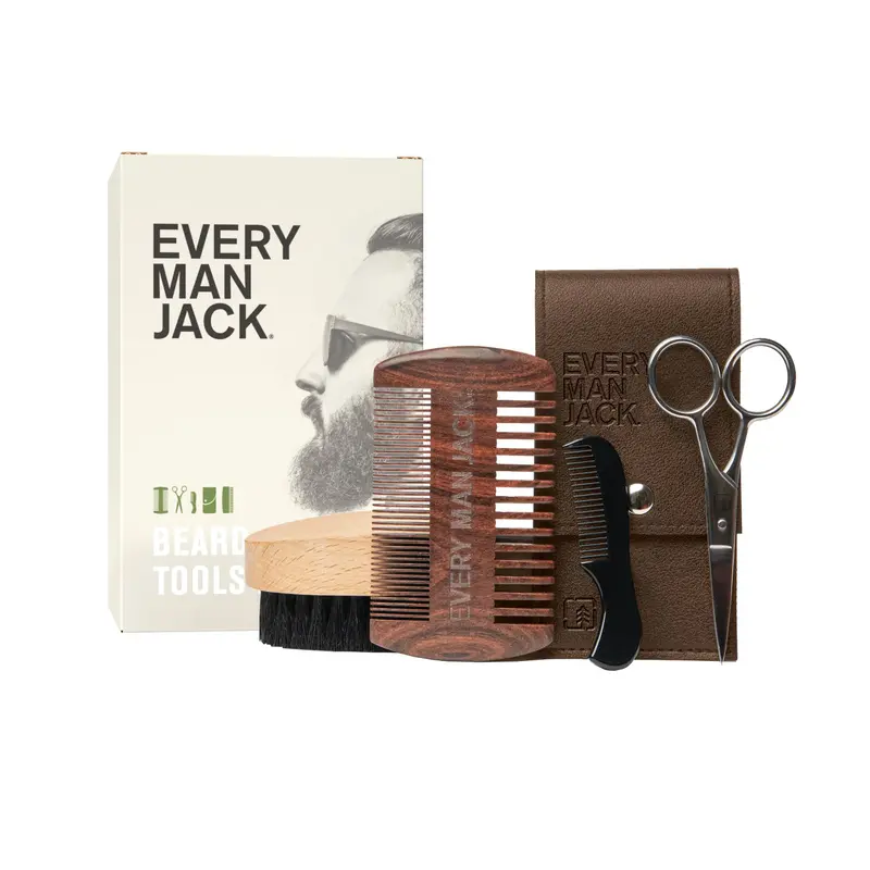Kit d’outils pour barbe Every Man Jack – Peigne double dent, brosse barbe, ciseaux inox et mini peigne – Voyage et entretien quotidien