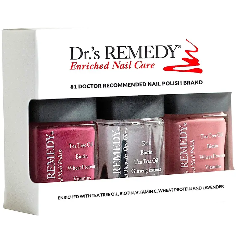 Kit Dr.'s Remedy 3 Vernis – Anniversaire – Renforcement des Ongles Bio – BRAVE Berry, RESILIENT Rose, TOTAL Deux-en-Un Vernis Transparent