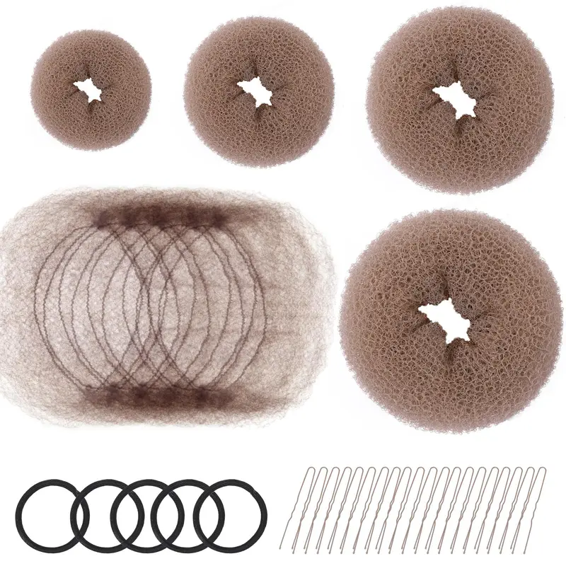 Kit Fandamei pour chignon en anneaux – 4 tailles, 20 filets invisibles, 5 élastiques, 20 pinces, brun clair