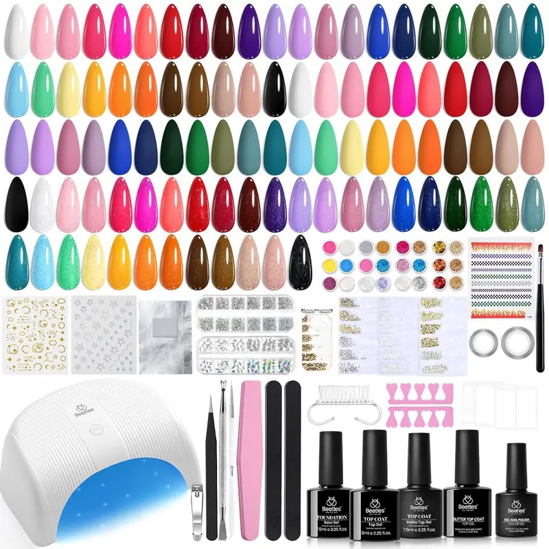 Kit Gel Nail Beetles avec Lampe UV – 53 pièces, 32 couleurs Gel, Base & Top Coat, Outils Manucure