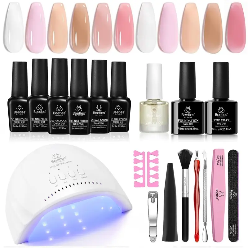 Kit Gel Ongles Beetles avec Lampe UV LED – 6 Couleurs Jelly (Milky White & Nude) – Coffret Manucure à domicile