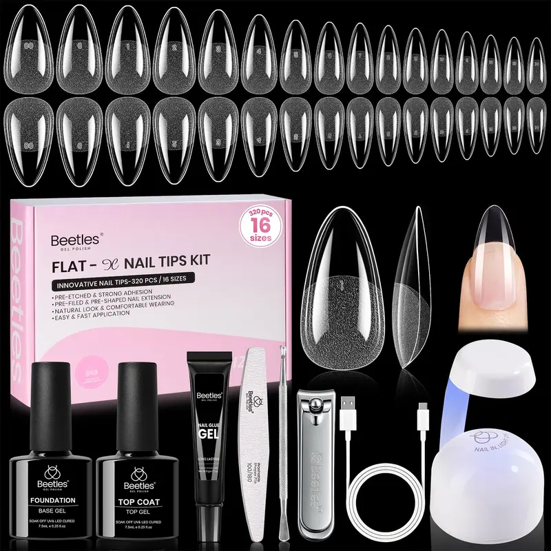 Kit Gel Ongles Beetles Flat-X Amande Medium – 320 Tips, 16 Tailles, Gel Base 7,5 ml & Gel Top 7,5 ml, Mini Lampe