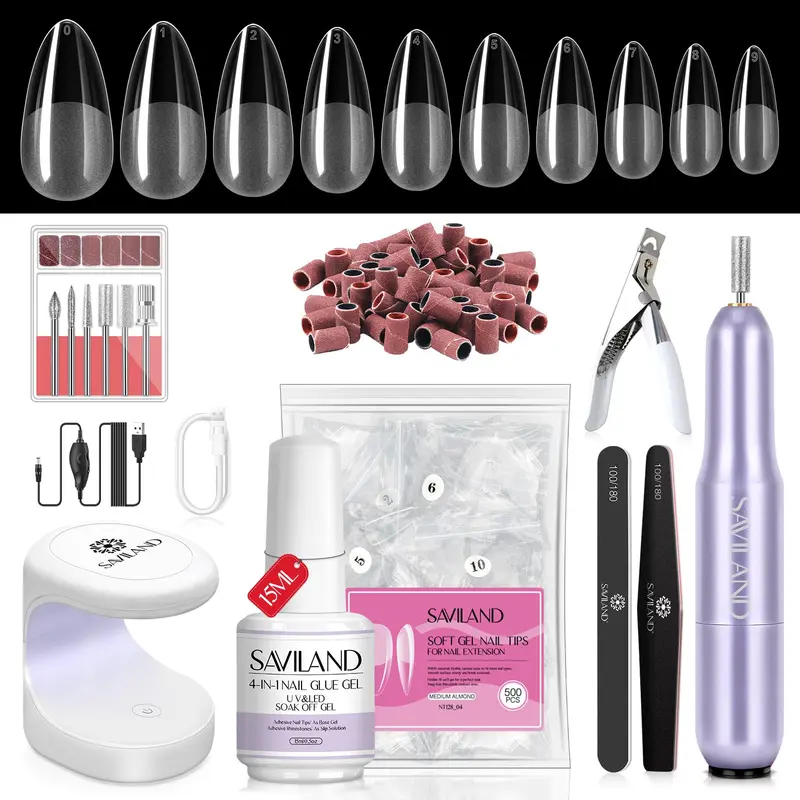 Kit Gel Ongles SAVILAND Amande – Embouts Amande, Mini Lampe UV et Ponceuse Électrique pour Extensions à Domicile