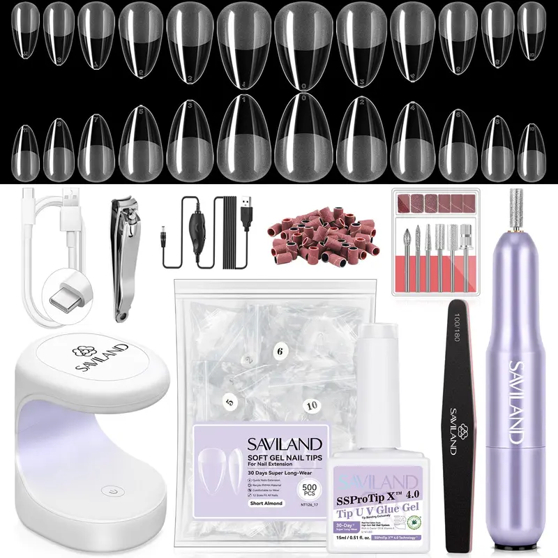 Kit Gel Ongles SAVILAND Pro avec Perceuse – Bouts Amandes Courts, 12 Tailles, 500 Pièces, Colle Gel Nano, Lampe UV/LED
