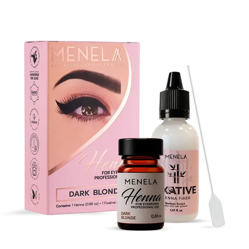 Kit henné sourcils MENELA – Teinte brun clair naturelle, Application facile, 2,5 g henné + 15 ml fixateur, Sans ammoniaque, Vegan, Cruelty-free