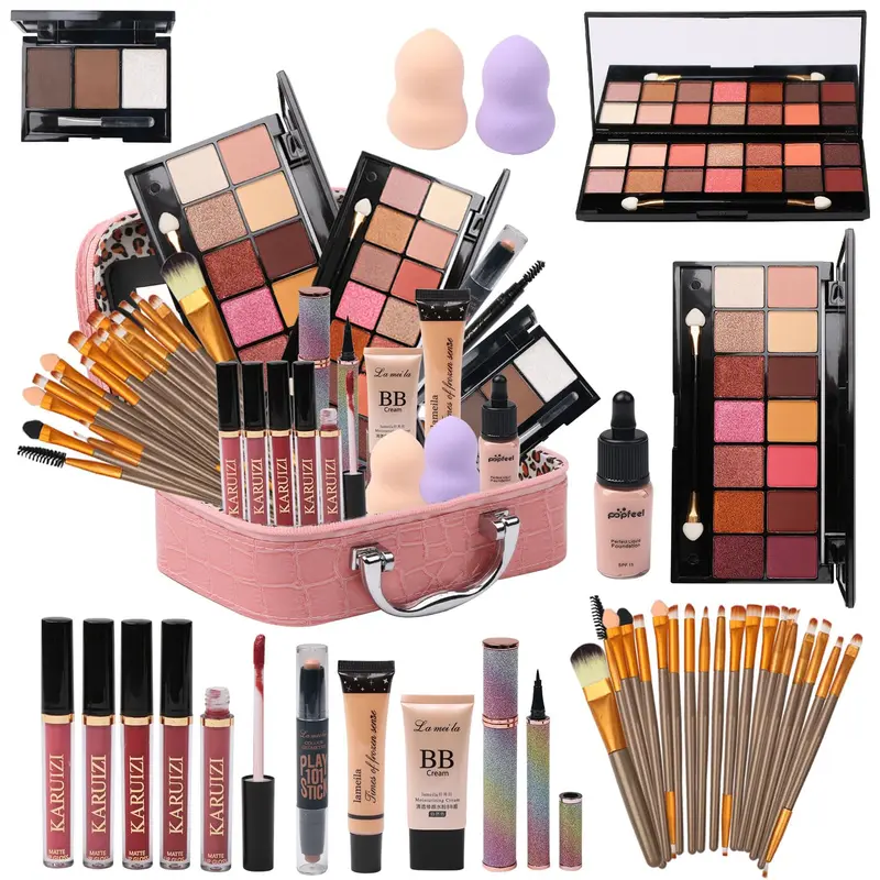 Kit Maquillage Tout-en-Un MTDXILTAI – Trousse Rose, Palette Ombres 2x14, Fond de Teint, Delineant Yeux, Pinceaux