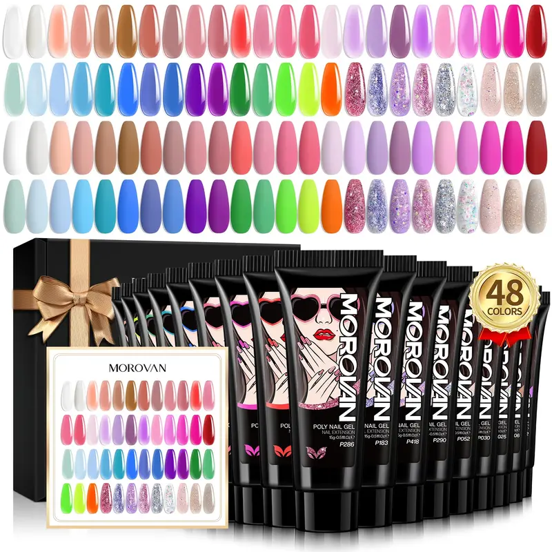 Kit Morovan Gel polymère pour Ongles – 48 Couleurs, Extensions et Finitions Pailletées