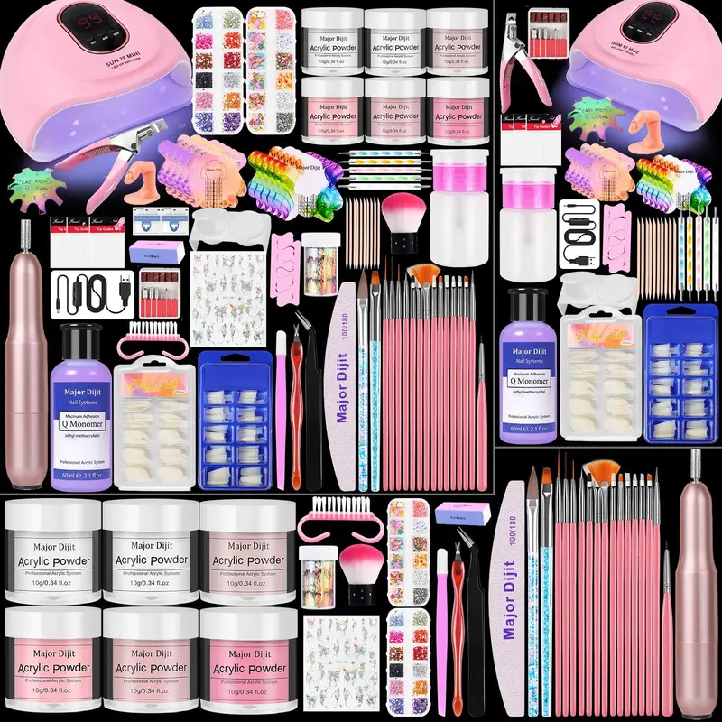 Kit Ongles Acryliques DouborQ – Monomère, 6 Poudres Pailletées, Lampe UV, Débutant (Blanc)