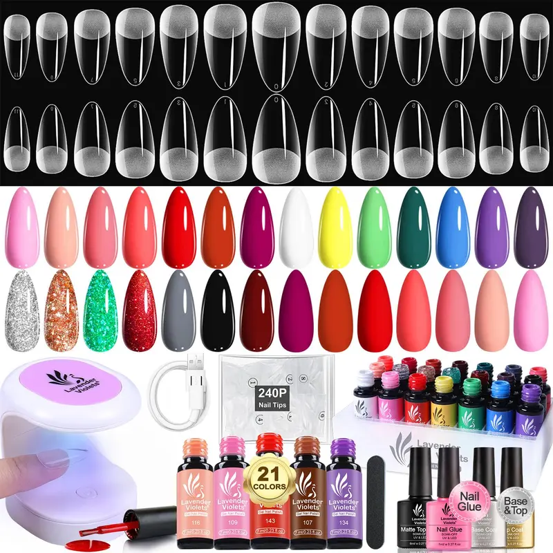 Kit Ongles Gel Lavender Violets VC17 – 21 Couleurs, 240 Embouts Amande, Lampe UV Portable