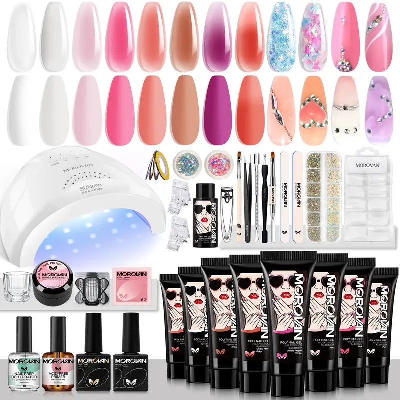 Kit Polygel Morovan — Starter de 8 pièces avec lampe UV 48W, tout le nécessaire pour débutant