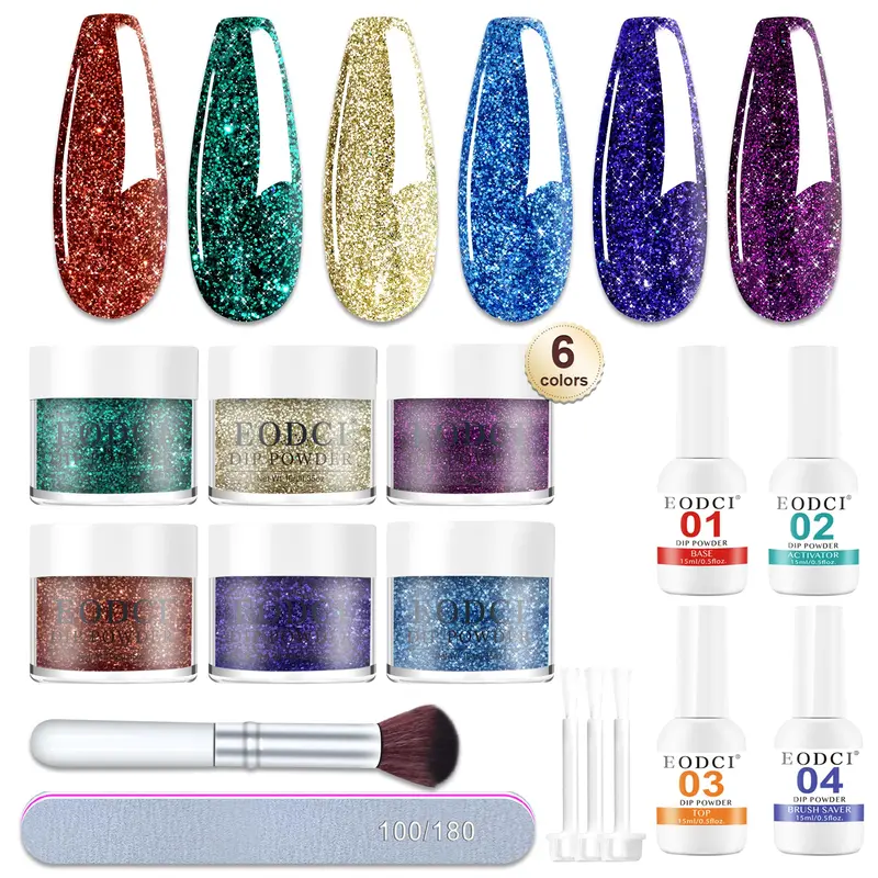 Kit Poudre à Tremper Eodci – 12 Pièces, 6 Couleurs Étincelantes, Base et Top Coat