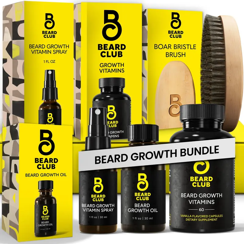 Kit Premium Croissance de Barbe The Beard Club – Huile, Vitamines, Spray et Brosse – Coffret Cadeau