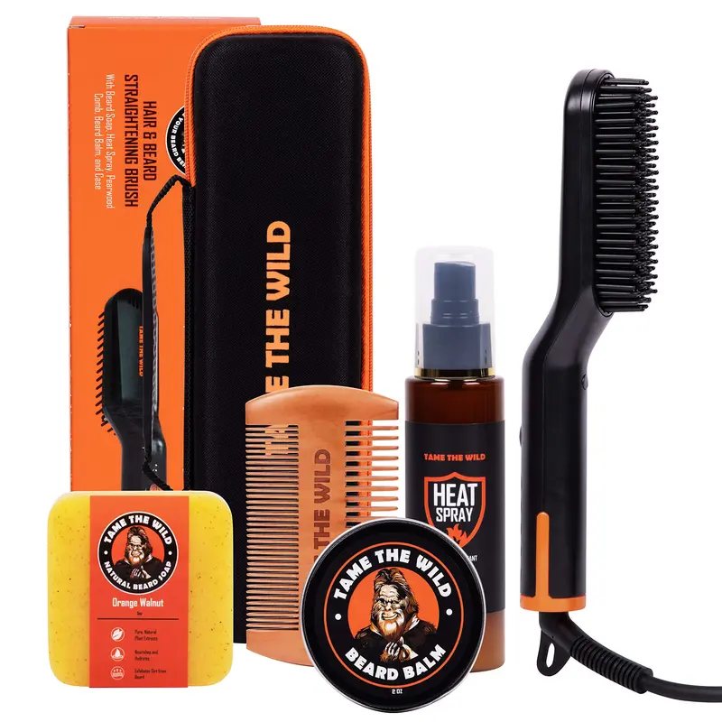 Kit premium de soin barbe TAME THE WILD – Brosse chauffante, peigne bois et coffret voyage